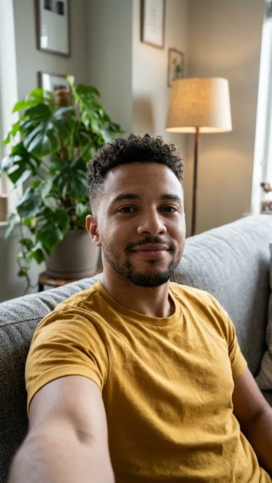 Selfie of a man in a mustard t-shirt on a grey couch